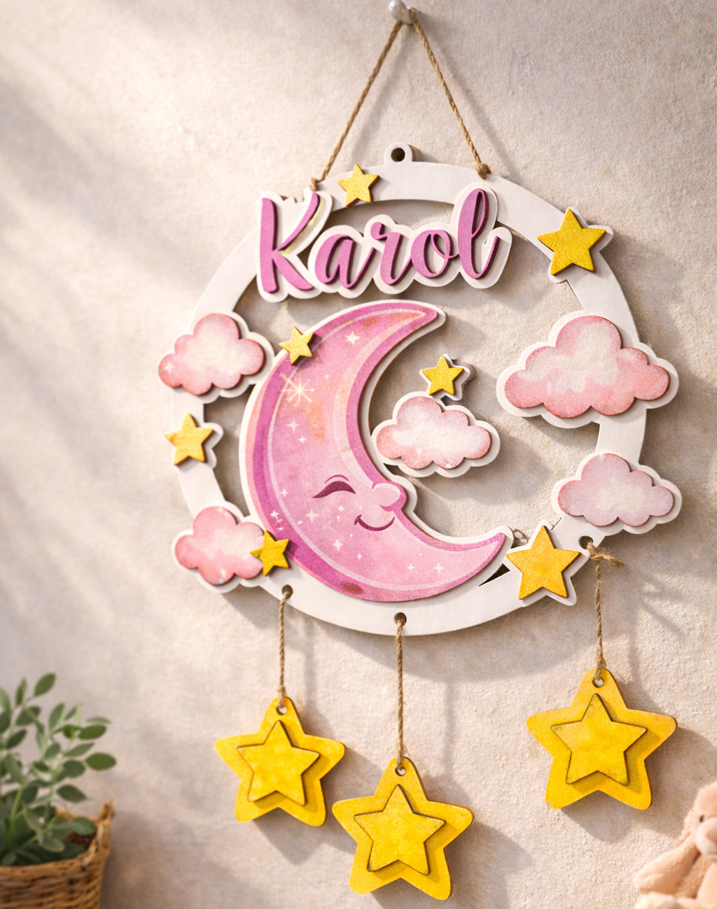 Fuoriporta Nascita Personalizzato Luna – Decorazione Cameretta Neonato in Legno Dipinto a Mano