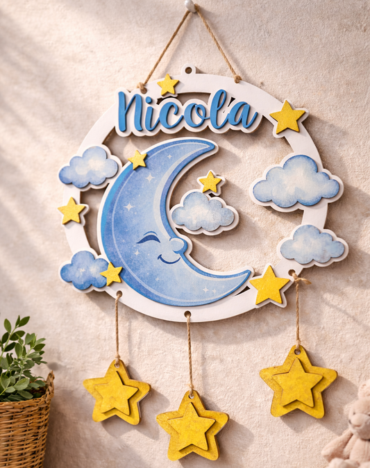 Fuoriporta Nascita Personalizzato Luna – Decorazione Cameretta Neonato in Legno Dipinto a Mano