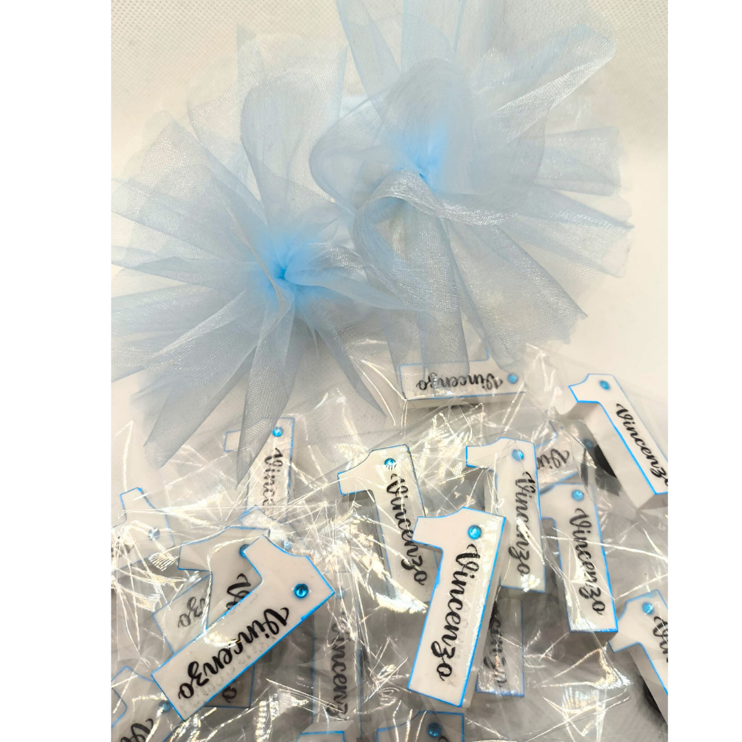 Bomboniera Primo Compleanno – Numero 1 Personalizzato in Simil Ceramica azzurro