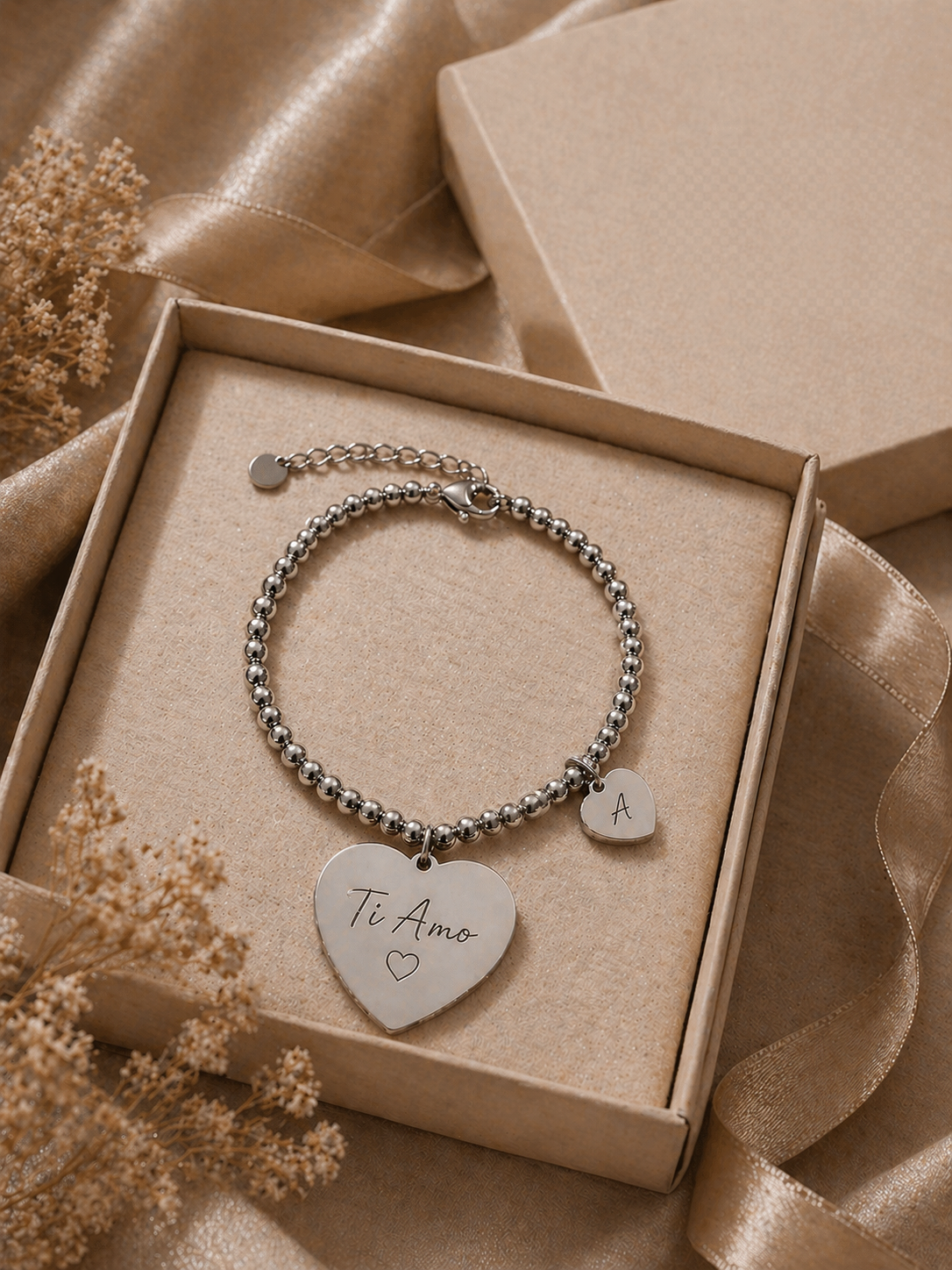 Bracciale Personalizzato “Legame del Cuore” in Acciaio 316L – Incisione Nome, Data o Frase