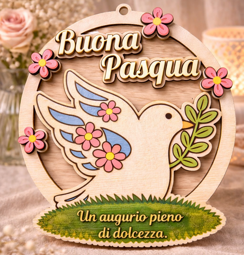 Fuoriporta Buona Pasqua in Legno – Decorazione con Colomba e Fiori
