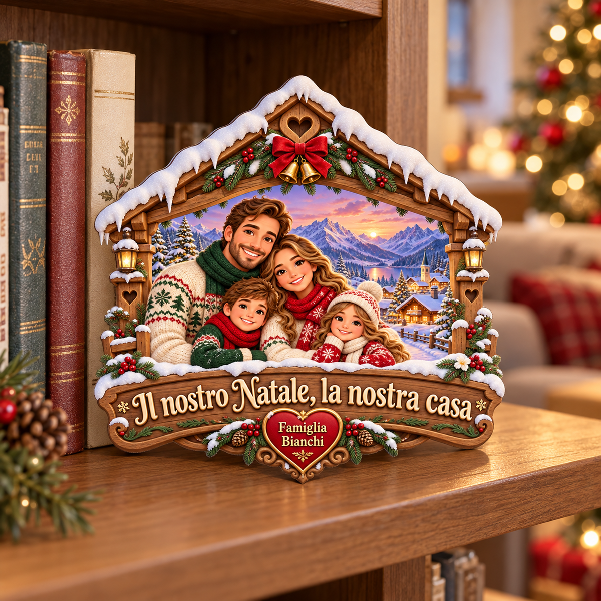 Fuoriporta natalizio personalizzabile con foto della famiglia in stile cartoon, in libreria