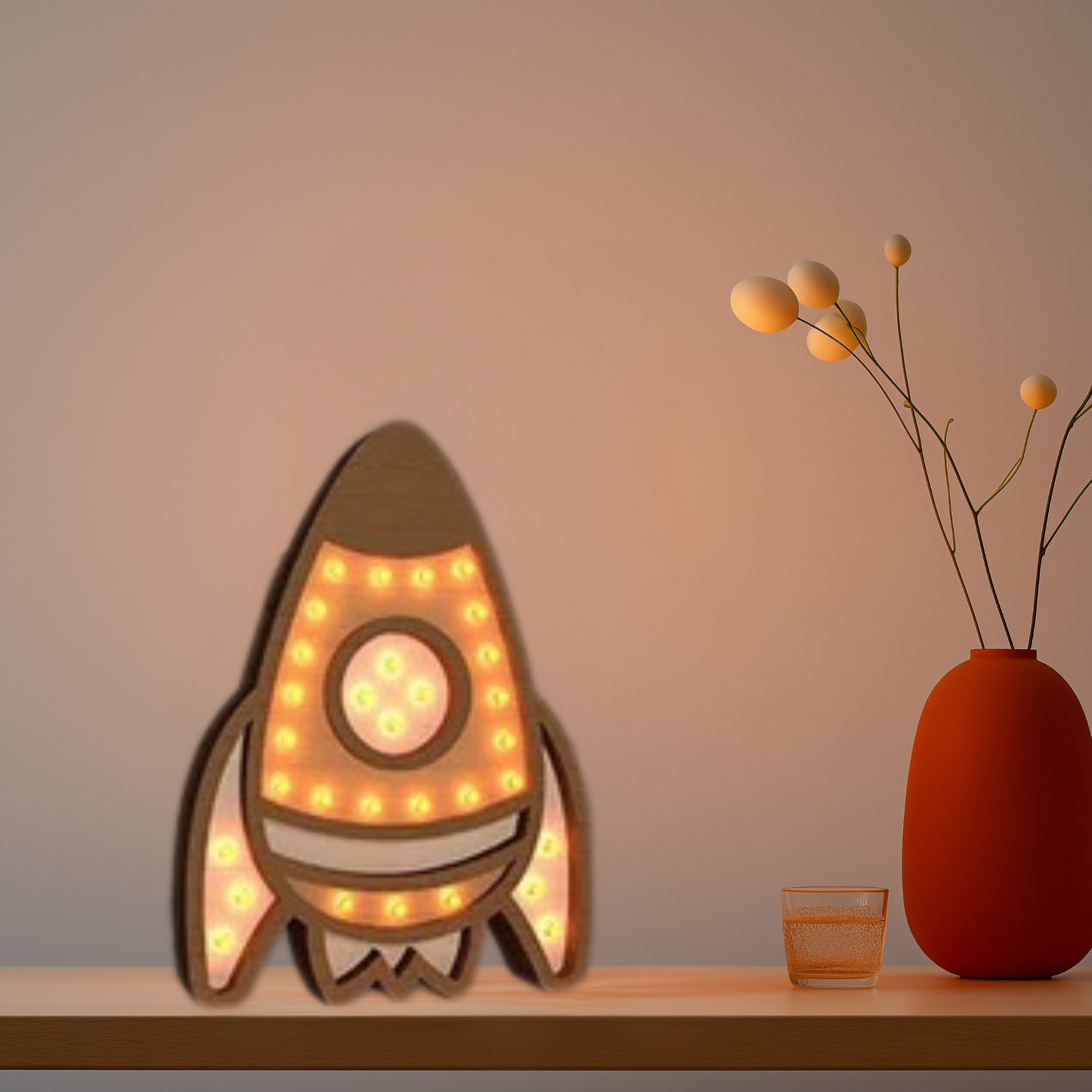 Lampada Notturna in Legno Razzo – Un Tocco di Magia per la Cameretta