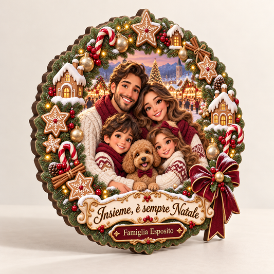 Decorazione natalizia famiglia con ghirlanda illustrata, vista laterale