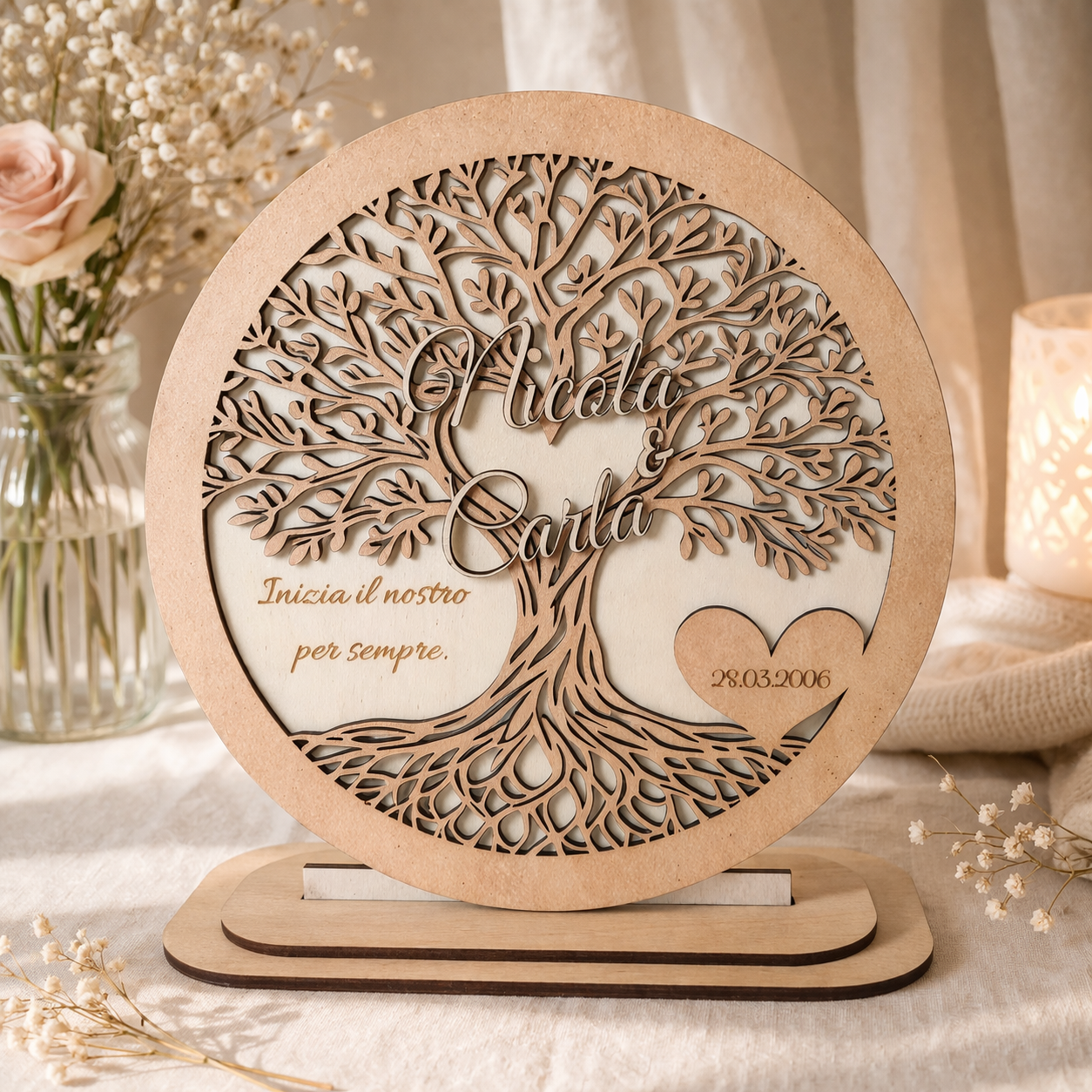 Albero della Vita Personalizzato in Legno – Targa Incisa con Nomi e Data