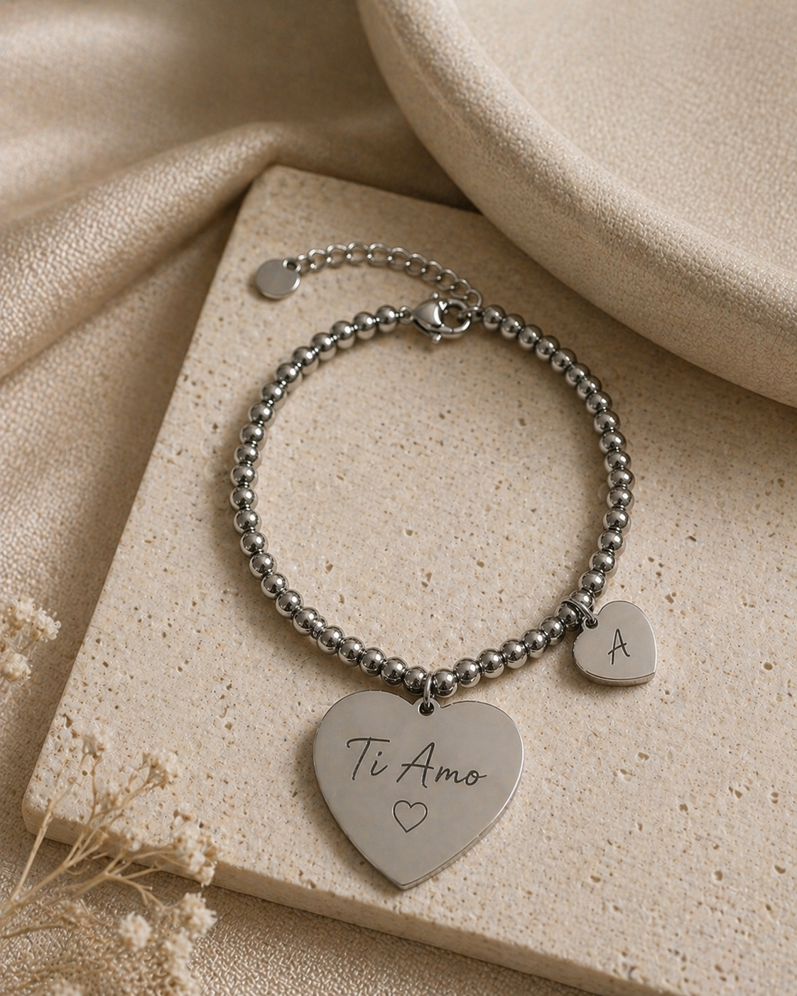 Bracciale Personalizzato “Legame del Cuore” in Acciaio 316L – Incisione Nome, Data o Frase