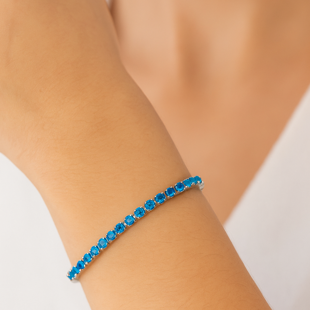 Bracciale tennis azzurro in acciaio 316L con zirconi taglio brillante 3 mm – regolabile 17 cm + 3 cm