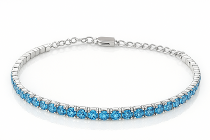 Bracciale tennis azzurro in acciaio 316L con zirconi taglio brillante 3 mm – regolabile 17 cm + 3 cm