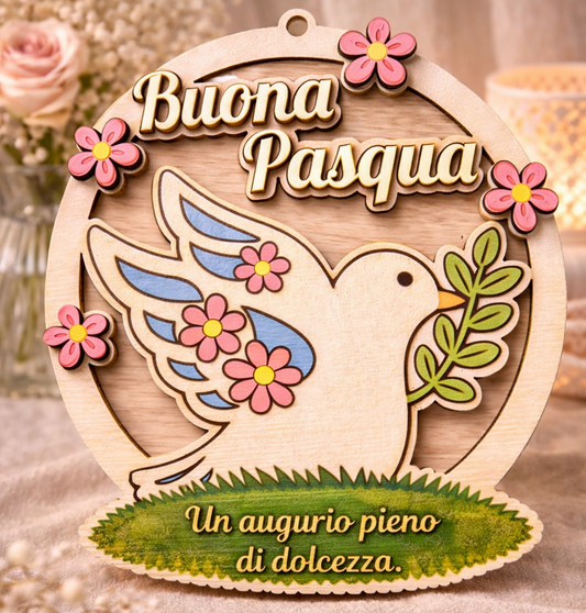Fuoriporta Buona Pasqua in Legno – Decorazione con Colomba e Fiori