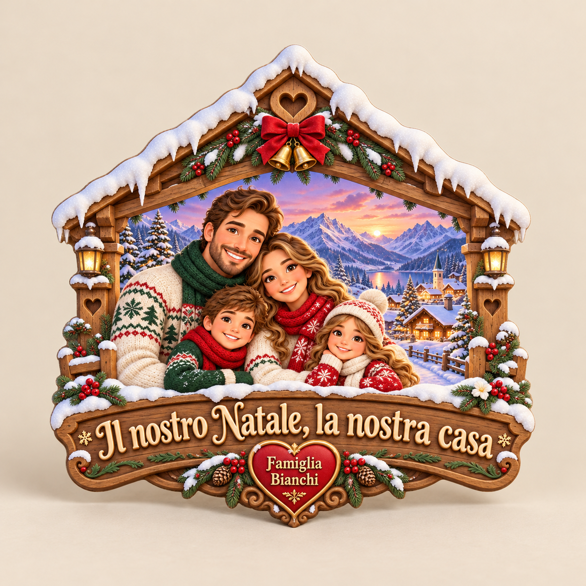 Fuoriporta natalizio personalizzabile con foto della famiglia in stile cartoon, vista frontale su sfondo neutro