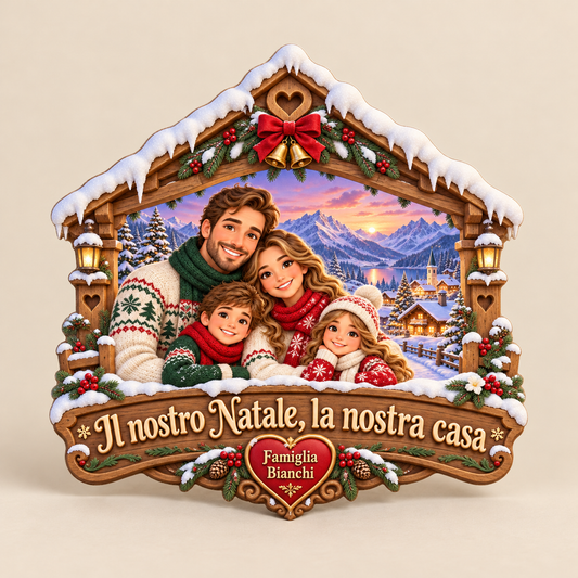 Fuoriporta natalizio personalizzabile con foto della famiglia in stile cartoon, vista frontale su sfondo neutro