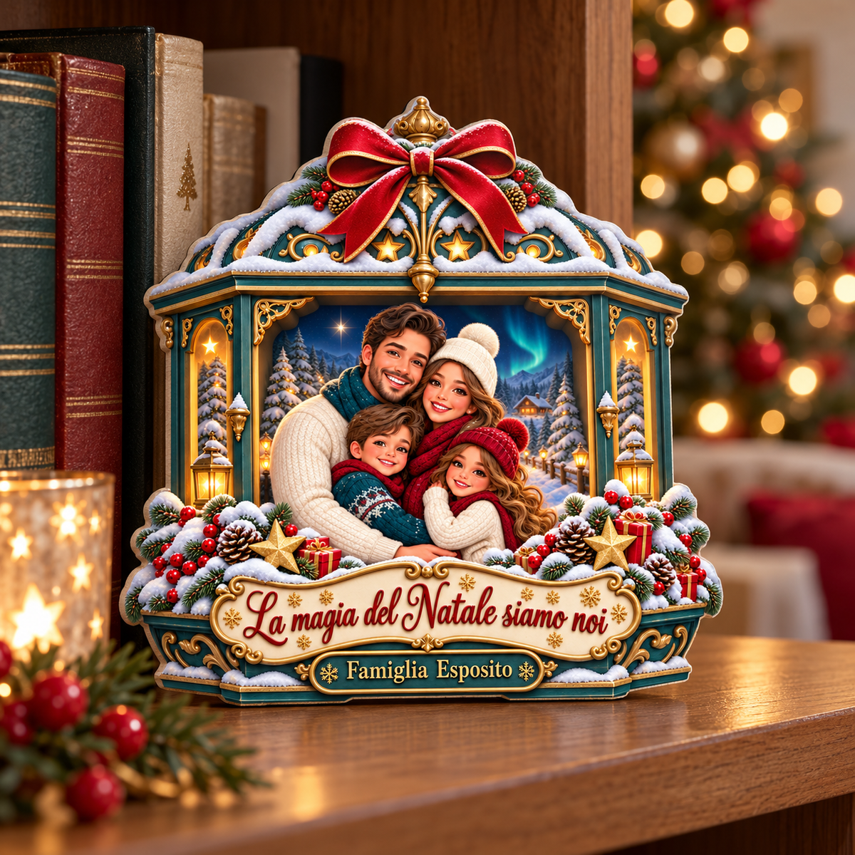 Fuoriporta natalizio personalizzabile con foto famiglia cartoon «La magia del Natale siamo noi», in libreria