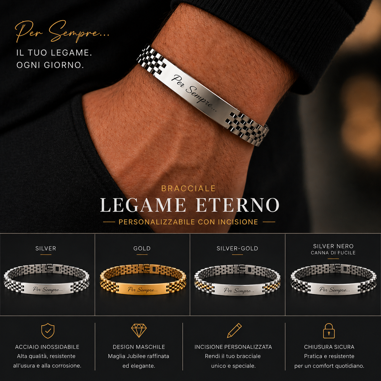 Legame Eterno: Bracciale Personalizzabile Maglia Jubilee in Acciaio Inossidabile 316L - Finiture Oro e Argento