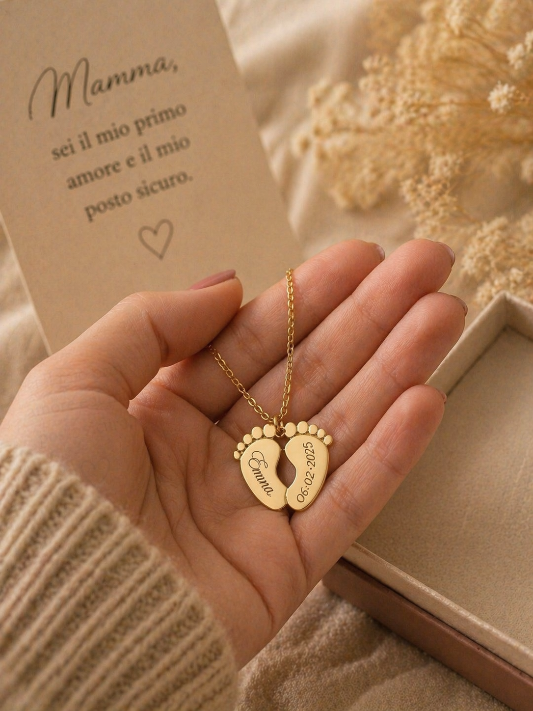 Collana Personalizzabile con Ciondolo Piedini color Oro Argento  – Incisione Nome e Data