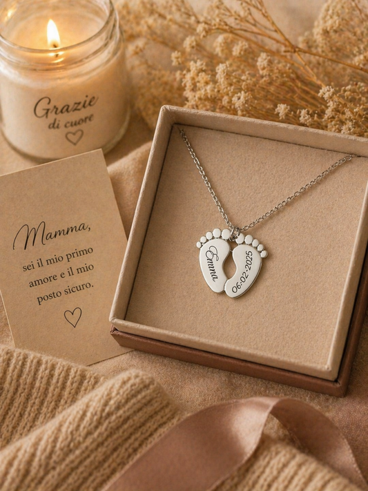 Collana Personalizzabile con Ciondolo Piedini color Oro Argento  – Incisione Nome e Data