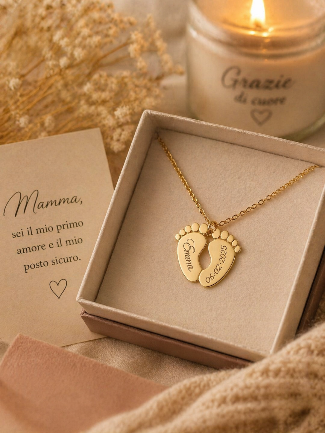 Collana Personalizzabile con Ciondolo Piedini color Oro Argento  – Incisione Nome e Data