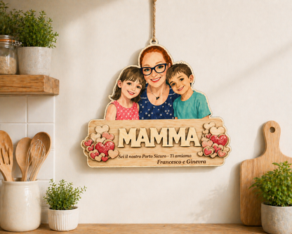 Targa Festa della Mamma Personalizzata in Legno con Caricatura – Regalo Unico con Foto