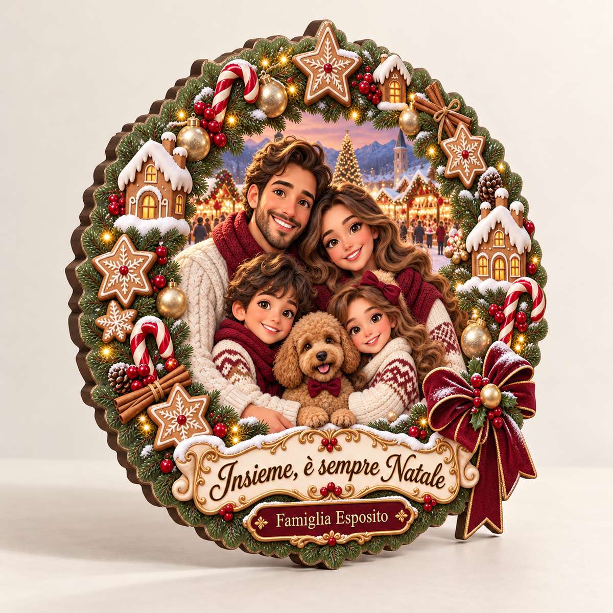 Decorazione natalizia famiglia con ghirlanda illustrata, vista laterale