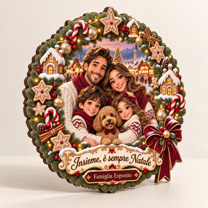 Decorazione natalizia famiglia con ghirlanda illustrata, vista laterale