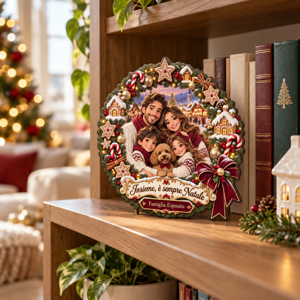 Decorazione natalizia famiglia da 20 × 20 cm ambientata in libreria